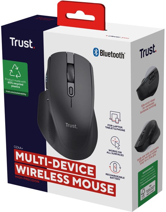 Trust Ozaa+ - Ergonomic Wireless mouse - Rechargeable - Multiconnect USB & Bluetooth - Black - Image 5